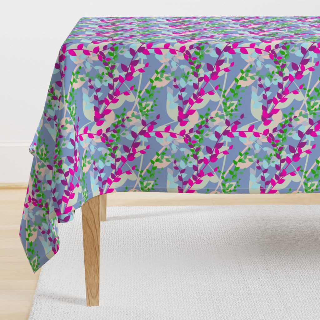 Abstract floral pattern with spring leaves in pink, blue and green colors