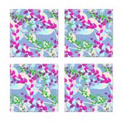 Abstract floral pattern with spring leaves in pink, blue and green colors