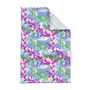 Abstract floral pattern with spring leaves in pink, blue and green colors