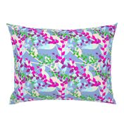 Abstract floral pattern with spring leaves in pink, blue and green colors