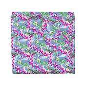 Abstract floral pattern with spring leaves in pink, blue and green colors