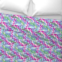 Abstract floral pattern with spring leaves in pink, blue and green colors