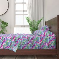 Abstract floral pattern with spring leaves in pink, blue and green colors