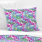 Abstract floral pattern with spring leaves in pink, blue and green colors