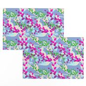 Abstract floral pattern with spring leaves in pink, blue and green colors