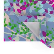 Abstract floral pattern with spring leaves in pink, blue and green colors