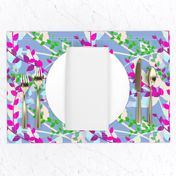 Abstract floral pattern with spring leaves in pink, blue and green colors