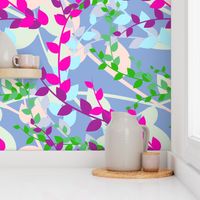 Abstract floral pattern with spring leaves in pink, blue and green colors