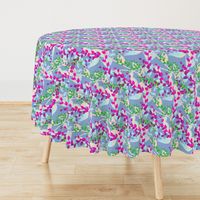 Abstract floral pattern with spring leaves in pink, blue and green colors