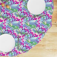 Abstract floral pattern with spring leaves in pink, blue and green colors