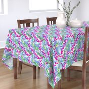 Abstract floral pattern with spring leaves in pink, blue and green colors