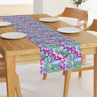 Abstract floral pattern with spring leaves in pink, blue and green colors