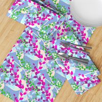 Abstract floral pattern with spring leaves in pink, blue and green colors