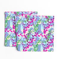 Abstract floral pattern with spring leaves in pink, blue and green colors