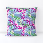 Abstract floral pattern with spring leaves in pink, blue and green colors