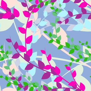 Abstract floral pattern with spring leaves in pink, blue and green colors