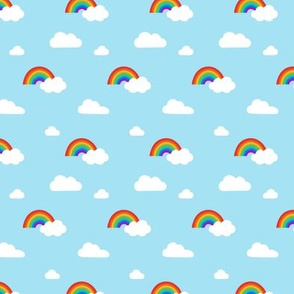 Little Rainbows and Fluffy Clouds on sky blue