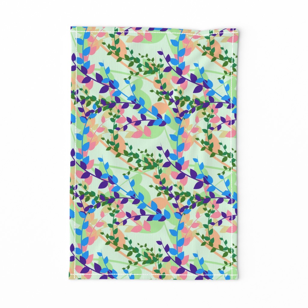 Abstract floral pattern with spring leaves in blue and green colors