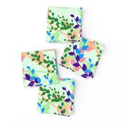 Abstract floral pattern with spring leaves in blue and green colors