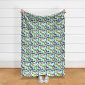 Abstract floral pattern with spring leaves in blue and green colors