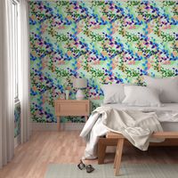 Abstract floral pattern with spring leaves in blue and green colors