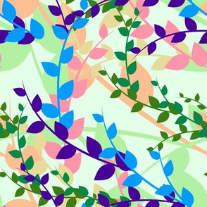 Abstract floral pattern with spring leaves in blue and green colors
