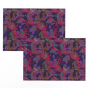 Abstract floral pattern with autumn leaves in pink, grey and violet colors