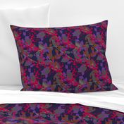 Abstract floral pattern with autumn leaves in pink, grey and violet colors