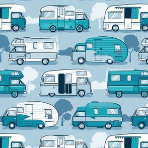 Small scale // Home sweet motor home // teal and pastel blue camper vans on pastel blue background 