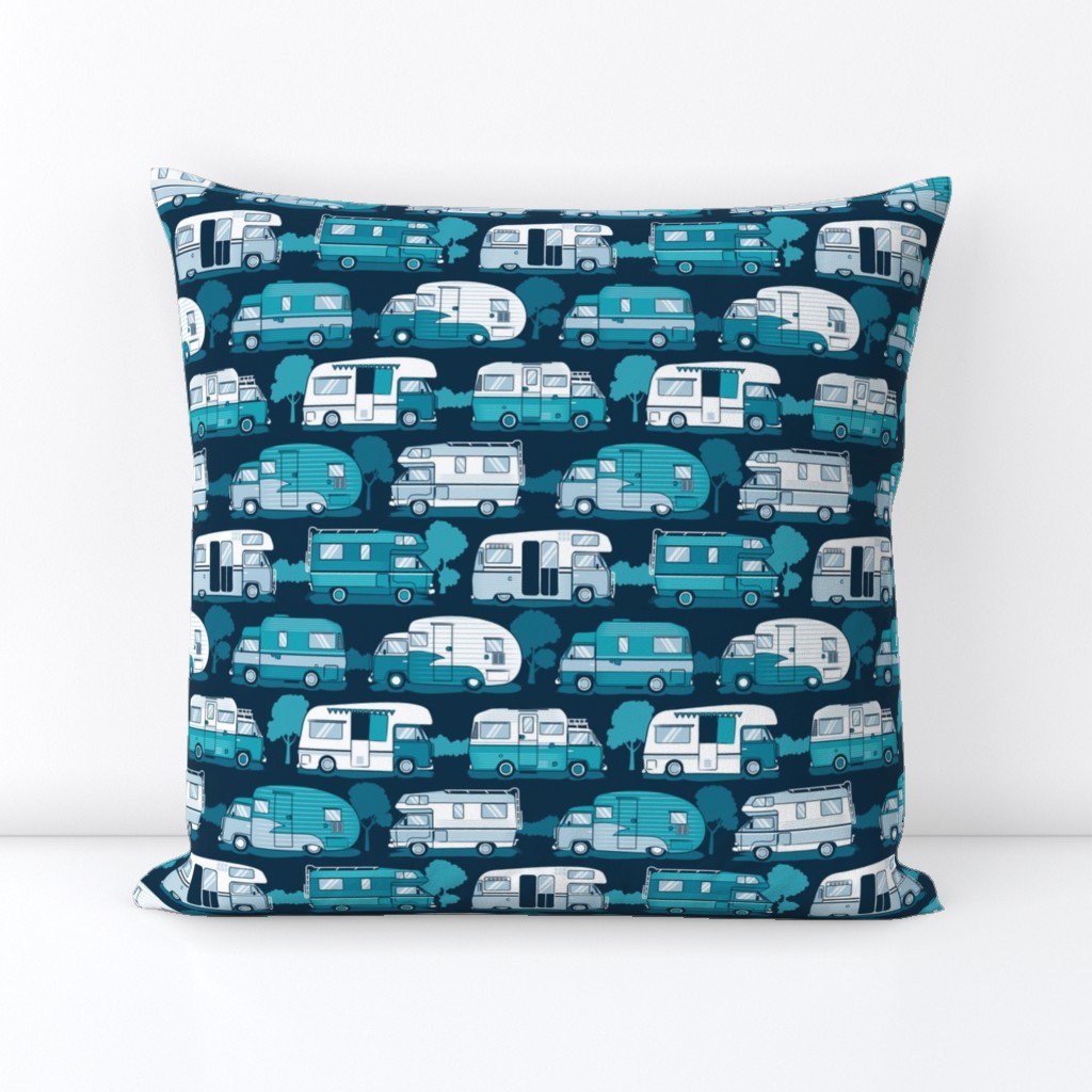 Small scale // Home sweet motor home // teal and pastel blue camper vans on navy blue background 