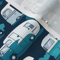 Small scale // Home sweet motor home // teal and pastel blue camper vans on navy blue background 