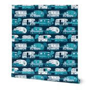 Small scale // Home sweet motor home // teal and pastel blue camper vans on navy blue background 