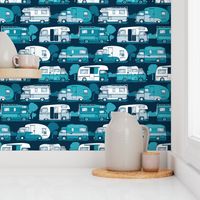 Small scale // Home sweet motor home // teal and pastel blue camper vans on navy blue background 