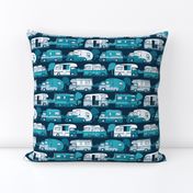 Small scale // Home sweet motor home // teal and pastel blue camper vans on navy blue background 