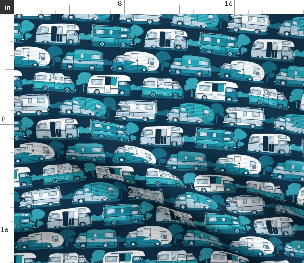 Small scale // Home sweet motor home // teal and pastel blue camper vans on navy blue background 