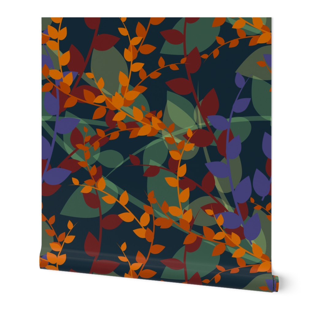 Abstract floral pattern with autumn leaves in orange and blue colors