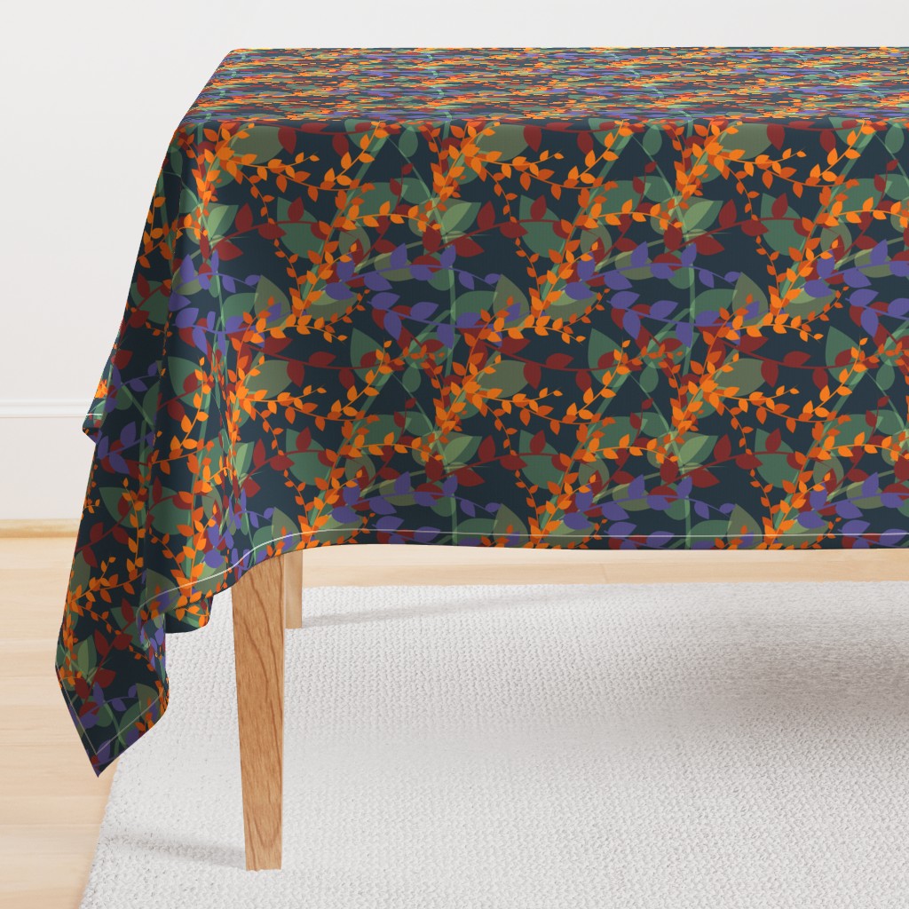 Abstract floral pattern with autumn leaves in orange and blue colors