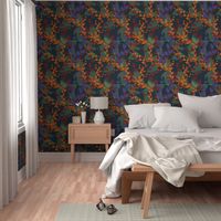 Abstract floral pattern with autumn leaves in orange and blue colors