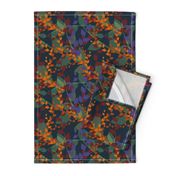 Abstract floral pattern with autumn leaves in orange and blue colors