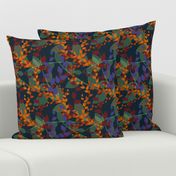 Abstract floral pattern with autumn leaves in orange and blue colors