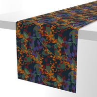 Abstract floral pattern with autumn leaves in orange and blue colors