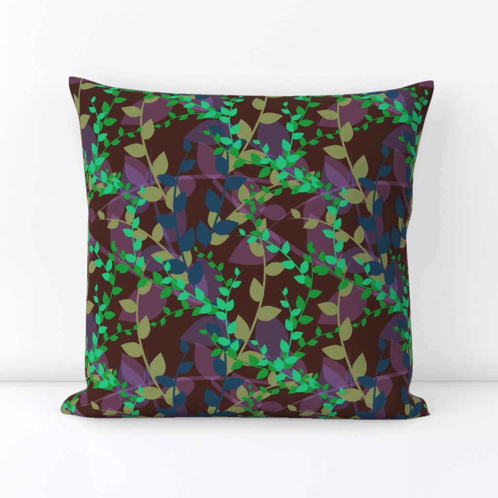 Abstract floral pattern with autumn leaves in green, blue and brown colors