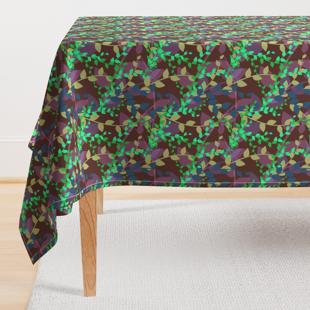 Abstract floral pattern with autumn leaves in green, blue and brown colors