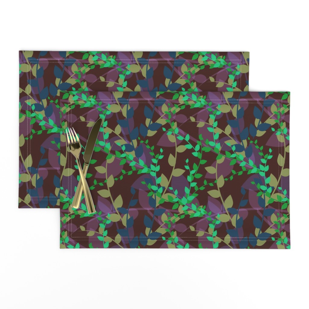 Abstract floral pattern with autumn leaves in green, blue and brown colors