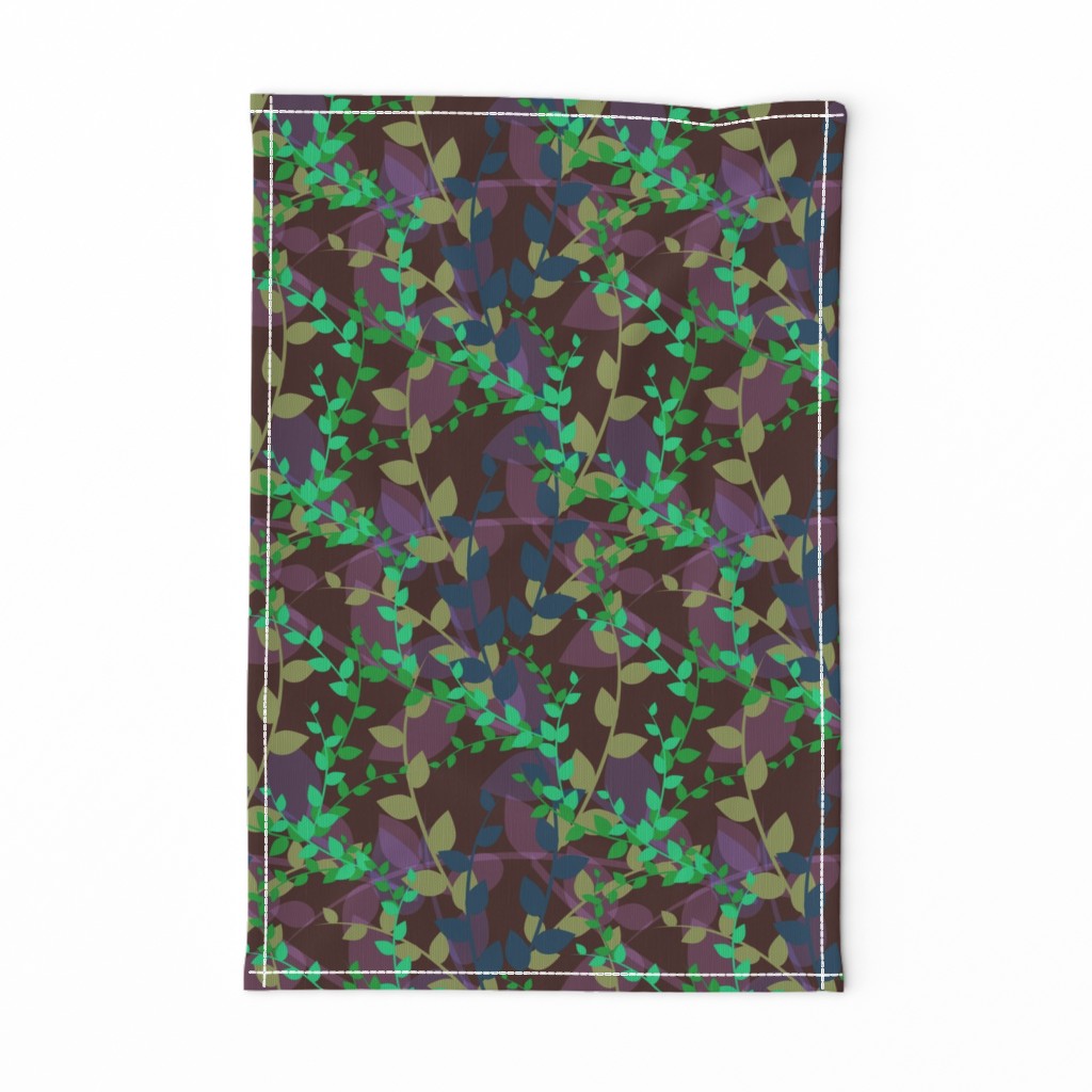 Abstract floral pattern with autumn leaves in green, blue and brown colors