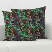 Abstract floral pattern with autumn leaves in green, blue and brown colors