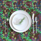 Abstract floral pattern with autumn leaves in green, blue and brown colors