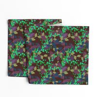 Abstract floral pattern with autumn leaves in green, blue and brown colors