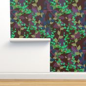Abstract floral pattern with autumn leaves in green, blue and brown colors