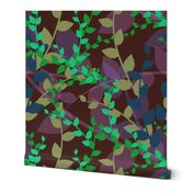 Abstract floral pattern with autumn leaves in green, blue and brown colors